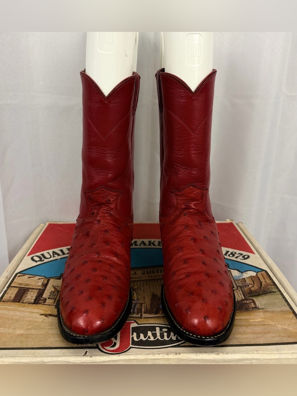 Vintage Justin Super Soft Red Ostrich Quill Roper Western Cowboy Boots 7 1/2B
